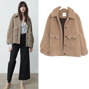 Zara Taupe Tan Brown Oversized Sherpa Teddy Coat Button Front EUC Women's Medium